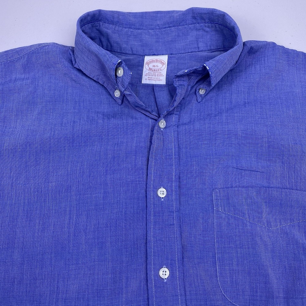Brooks Brothers Makers Shirt 16.5 Mens S/S Button Down Solid Blue USA GUC